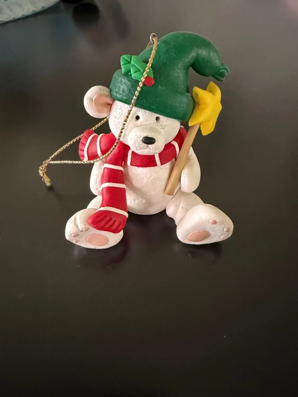 Clay Dough Polar Bear Ornament Holding Yellow Star 1980s